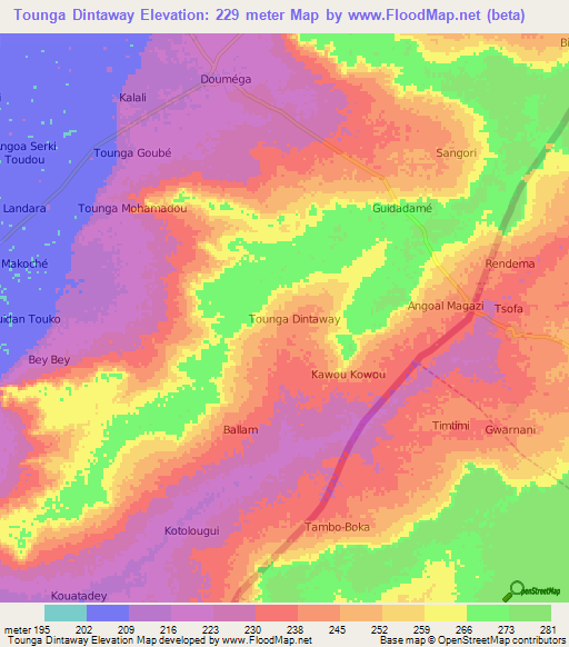 Tounga Dintaway,Niger Elevation Map