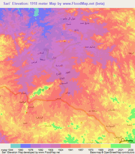 Sari`,Yemen Elevation Map