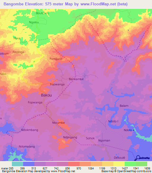 Bangombe,Cameroon Elevation Map