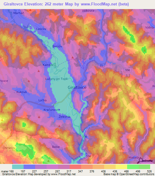 Giraltovce,Slovakia Elevation Map