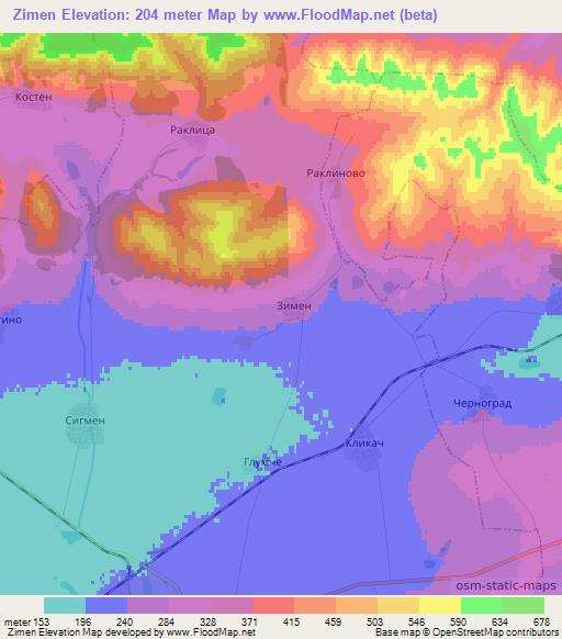 Zimen,Bulgaria Elevation Map