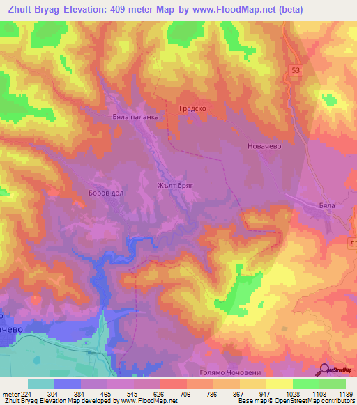 Zhult Bryag,Bulgaria Elevation Map