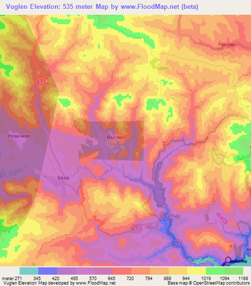 Vuglen,Bulgaria Elevation Map