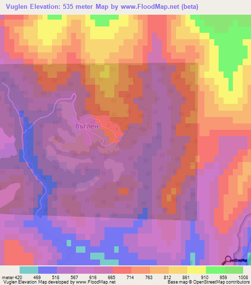 Vuglen,Bulgaria Elevation Map