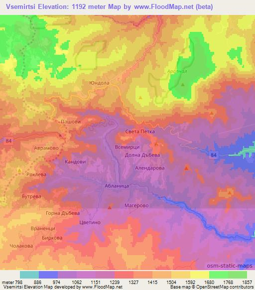 Vsemirtsi,Bulgaria Elevation Map