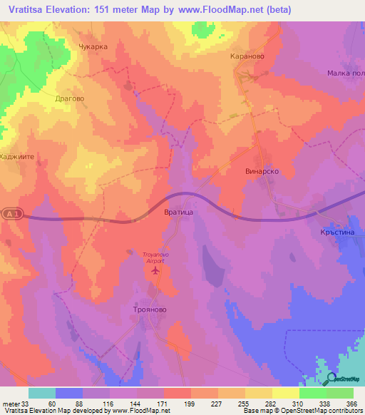 Vratitsa,Bulgaria Elevation Map