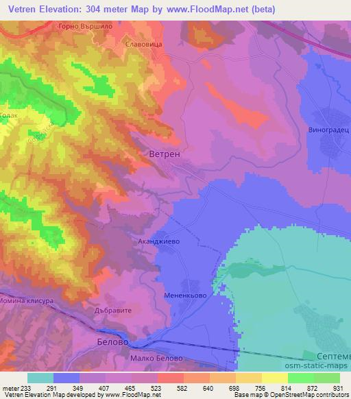 Vetren,Bulgaria Elevation Map