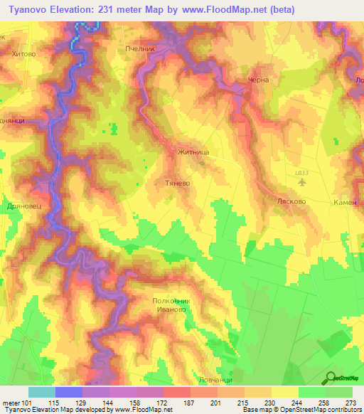 Tyanovo,Bulgaria Elevation Map