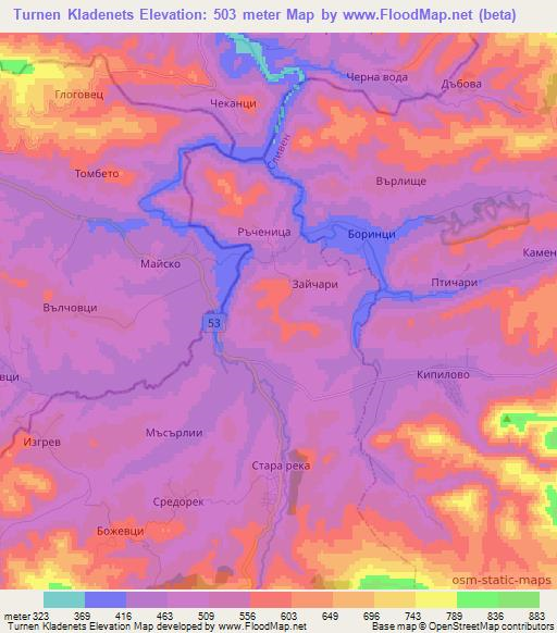 Turnen Kladenets,Bulgaria Elevation Map