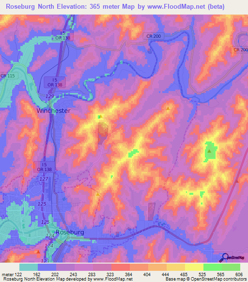 Roseburg North,US Elevation Map