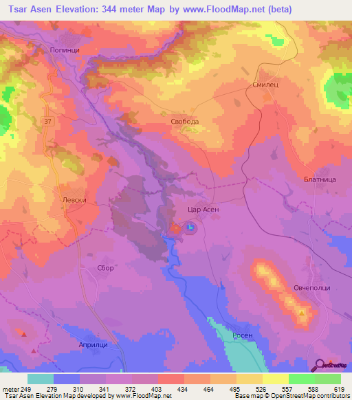 Tsar Asen,Bulgaria Elevation Map