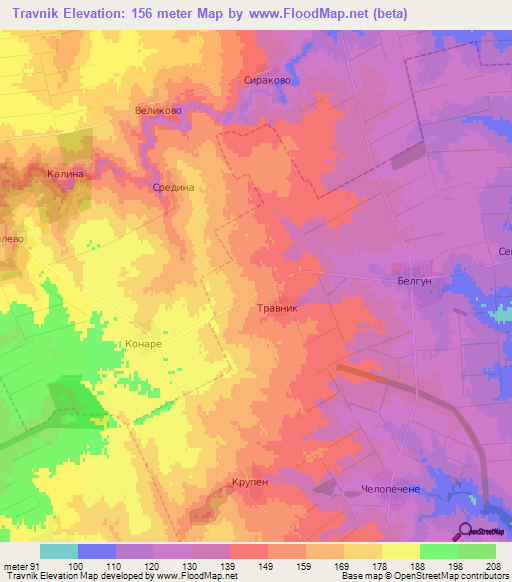 Travnik,Bulgaria Elevation Map