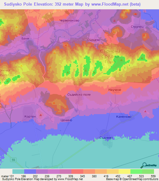 Sudiysko Pole,Bulgaria Elevation Map