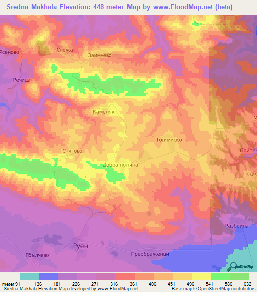 Sredna Makhala,Bulgaria Elevation Map