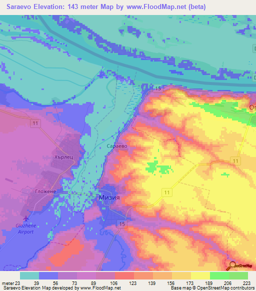 Saraevo,Bulgaria Elevation Map