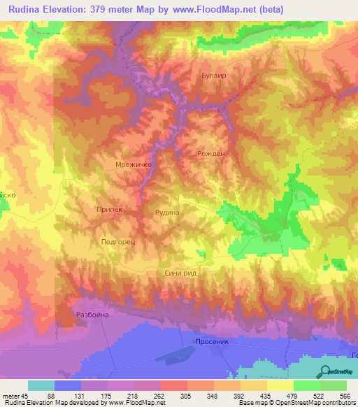 Rudina,Bulgaria Elevation Map