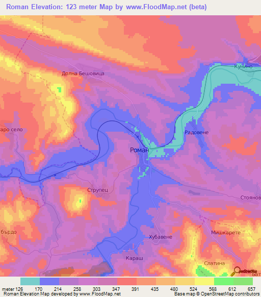 Roman,Bulgaria Elevation Map