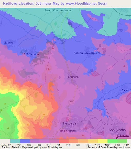 Radilovo,Bulgaria Elevation Map