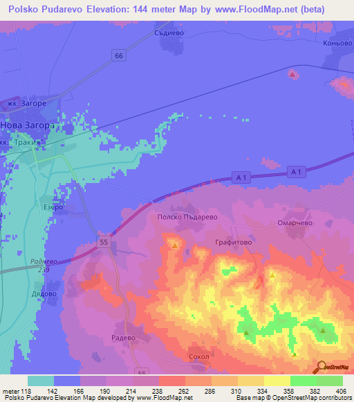 Polsko Pudarevo,Bulgaria Elevation Map