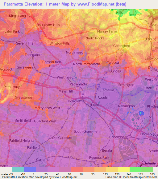 Paramatta,Australia Elevation Map