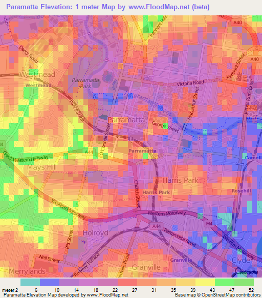 Paramatta,Australia Elevation Map