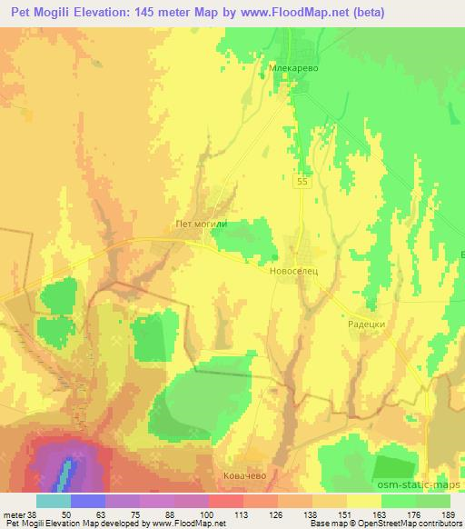 Pet Mogili,Bulgaria Elevation Map