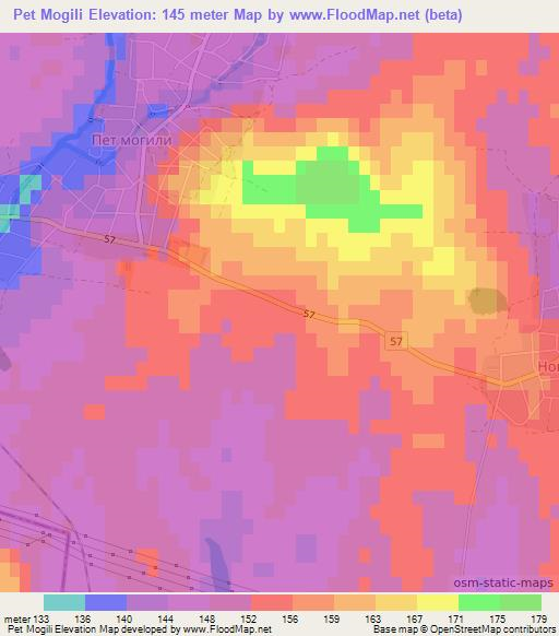 Pet Mogili,Bulgaria Elevation Map