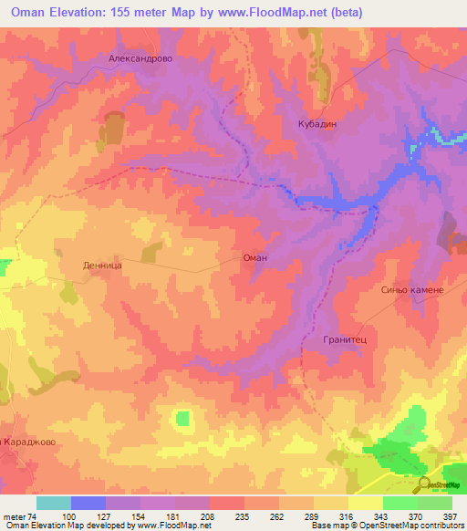 Oman,Bulgaria Elevation Map