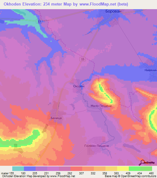 Okhoden,Bulgaria Elevation Map