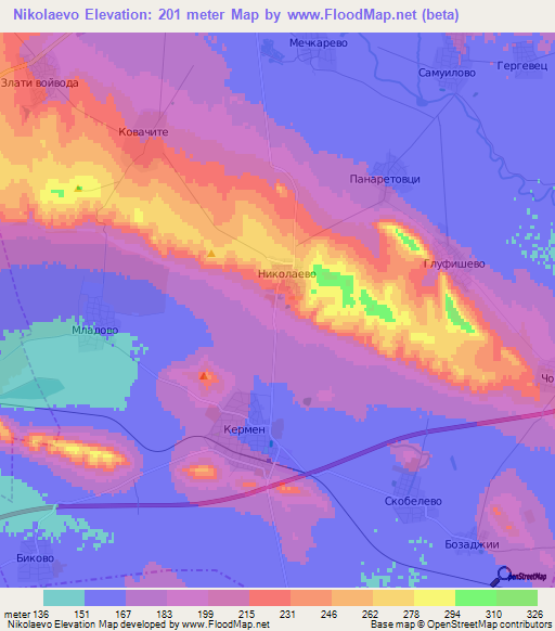 Nikolaevo,Bulgaria Elevation Map