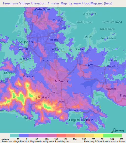 Freemans Village,Antigua and Barbuda Elevation Map