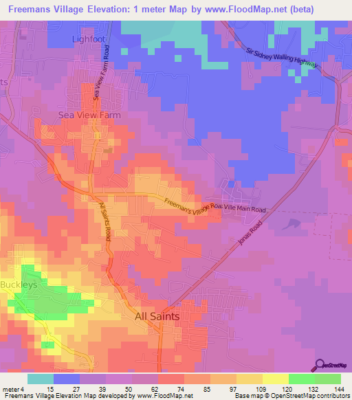Freemans Village,Antigua and Barbuda Elevation Map