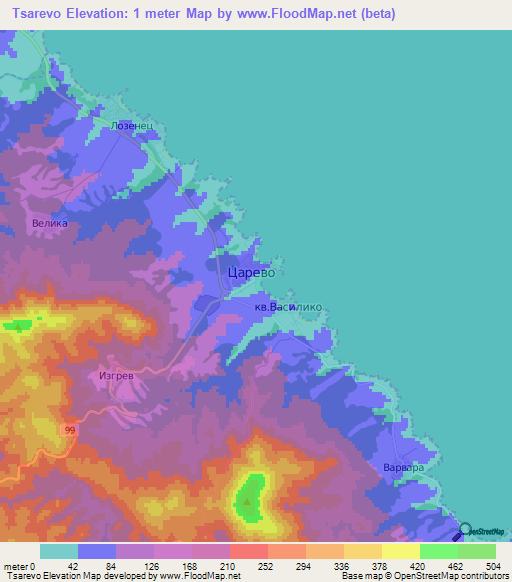 Tsarevo,Bulgaria Elevation Map