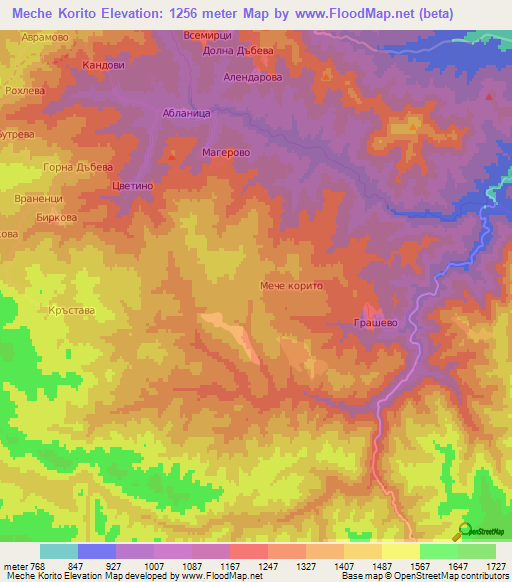 Meche Korito,Bulgaria Elevation Map