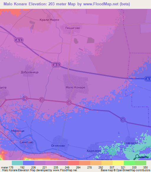 Malo Konare,Bulgaria Elevation Map