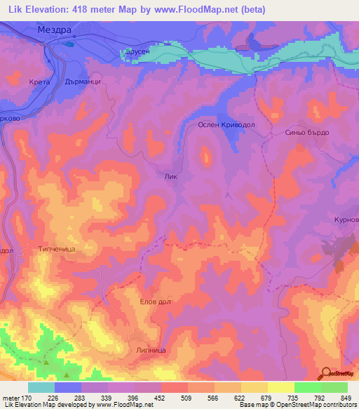 Lik,Bulgaria Elevation Map