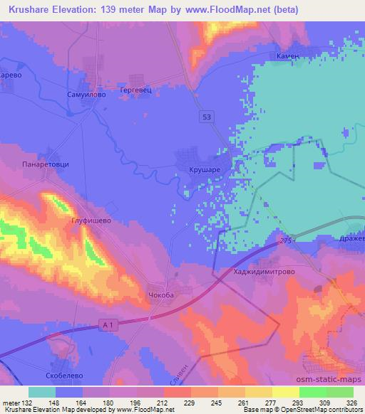 Krushare,Bulgaria Elevation Map