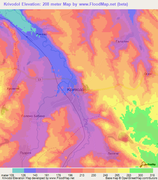 Krivodol,Bulgaria Elevation Map