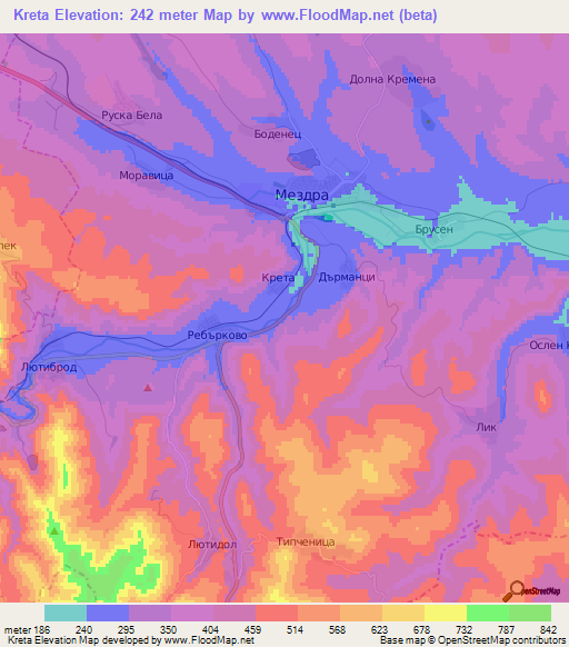 Kreta,Bulgaria Elevation Map