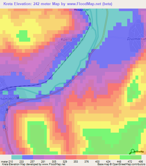 Kreta,Bulgaria Elevation Map