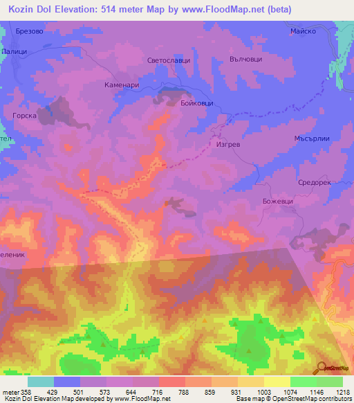 Kozin Dol,Bulgaria Elevation Map