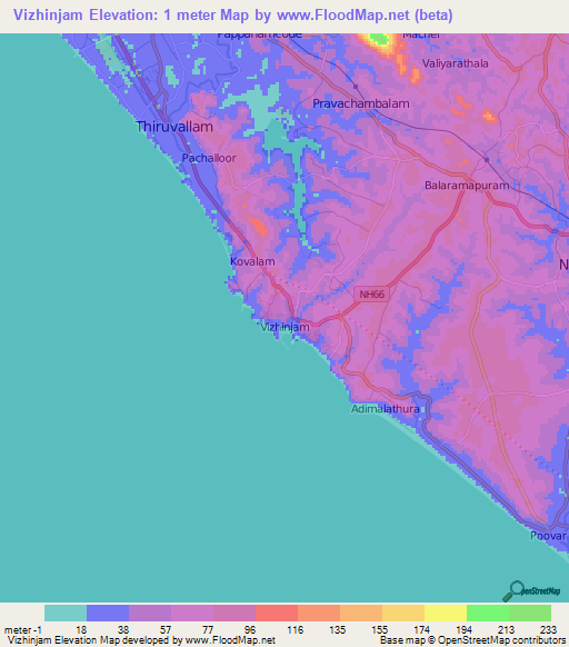 Vizhinjam,India Elevation Map