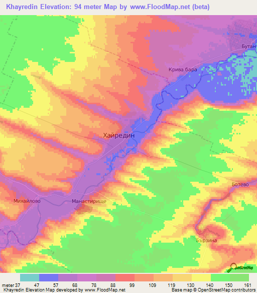 Khayredin,Bulgaria Elevation Map