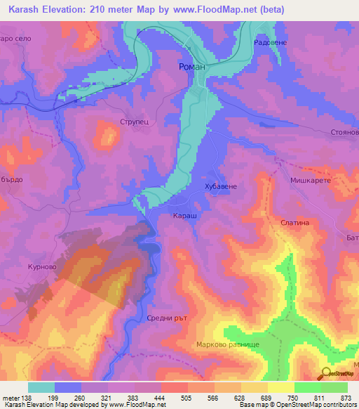 Karash,Bulgaria Elevation Map