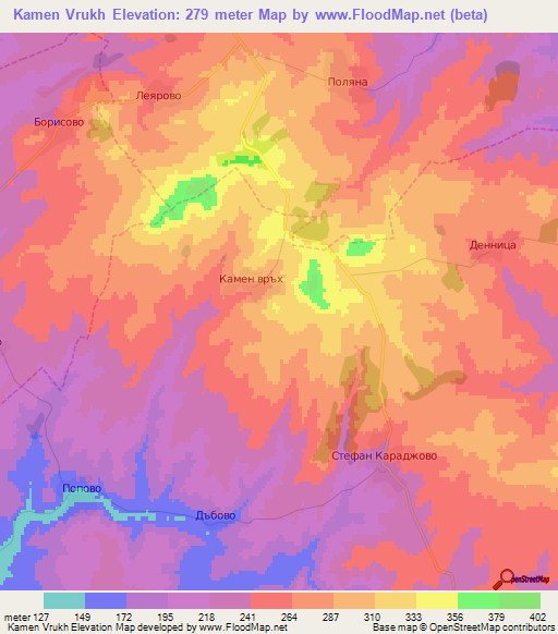 Kamen Vrukh,Bulgaria Elevation Map