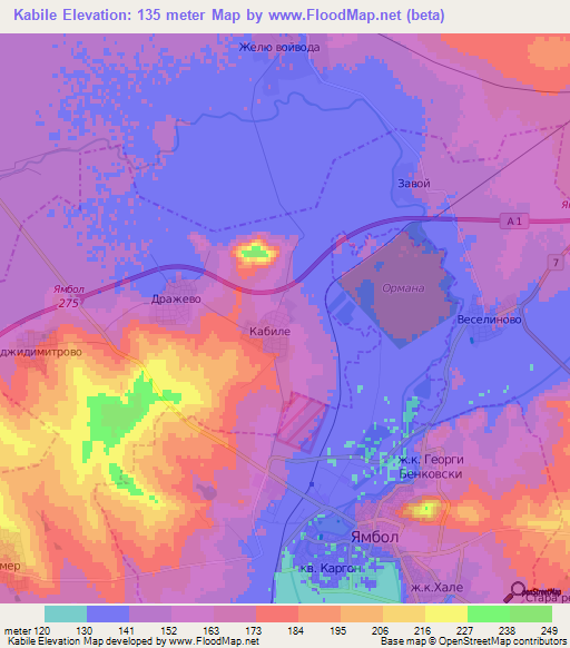 Kabile,Bulgaria Elevation Map