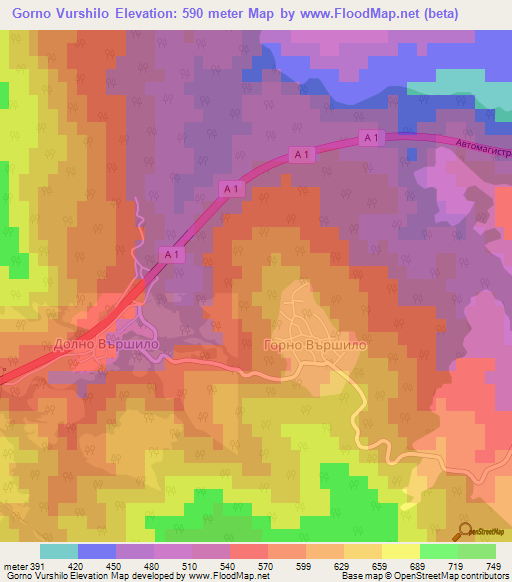 Gorno Vurshilo,Bulgaria Elevation Map