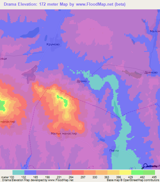 Drama,Bulgaria Elevation Map