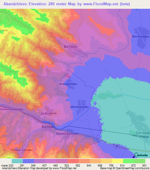 Akandzhievo,Bulgaria Elevation Map