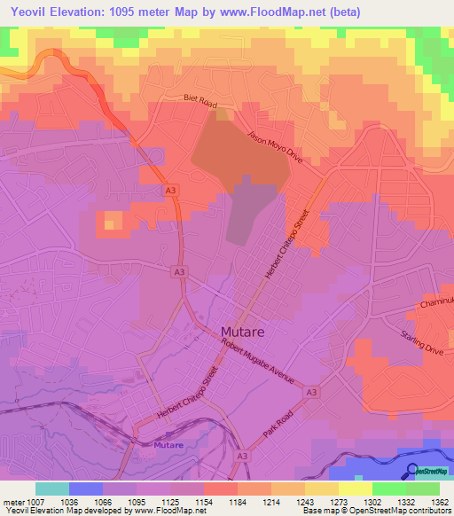 Yeovil,Zimbabwe Elevation Map